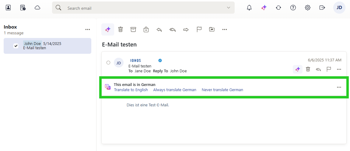 IONOS Webmail with the AI Email Assistant's translation options highlighted within an incoming email of a foreign language.
