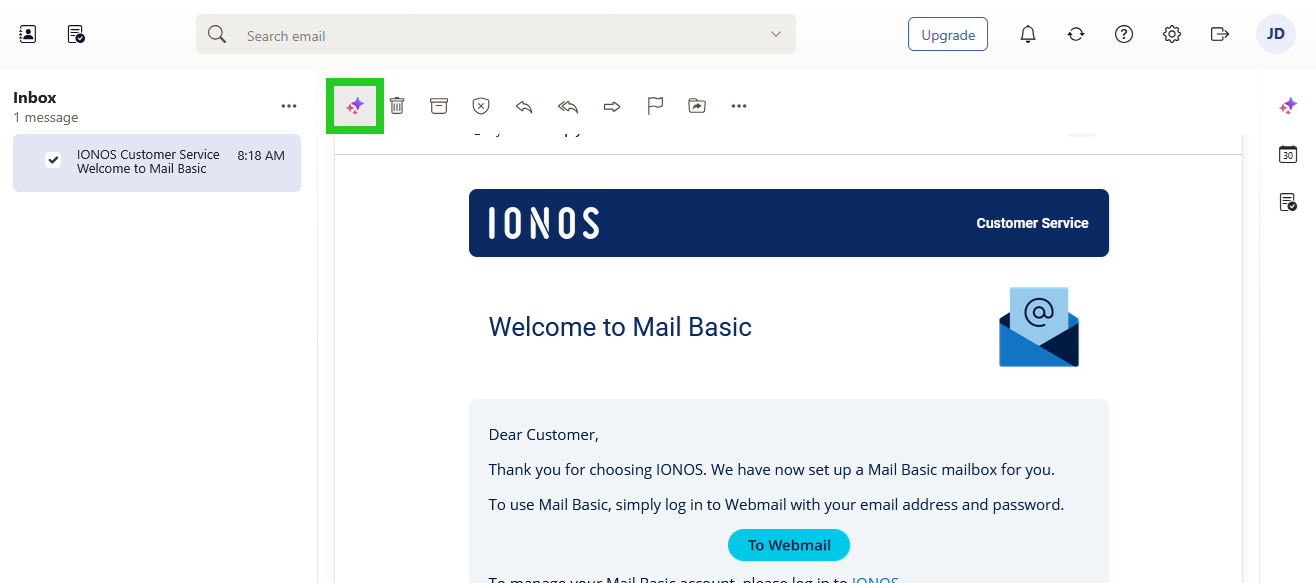 IONOS Webmail with the AI menu option highlighted.