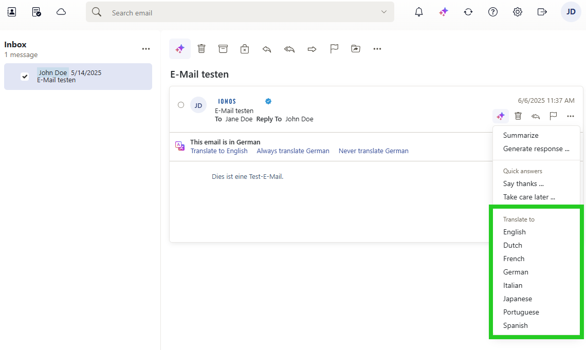 Screenshot: A list appears below the AI button in the email toolbar. The available languages to translate into are highlighted in this list.