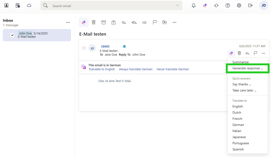 Screenshot: In the email toolbar, a list appears below the AI button. The Translate to section is highlighted in this list, showing the possible target languages.