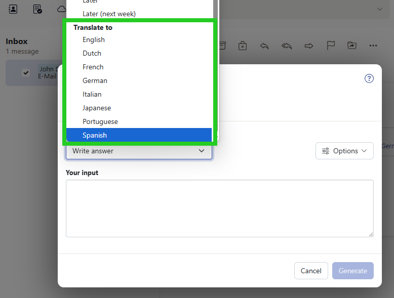 Screenshot: The Generate Response window displays the Actions list. In this list, the actions in the Translate to section are highlighted.