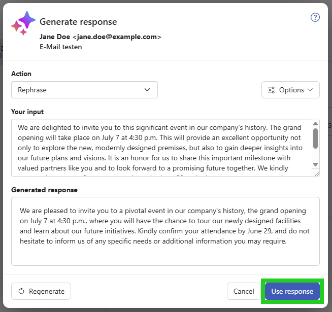 Screenshot: The Generate response window appears. The Use response button is highlighted.