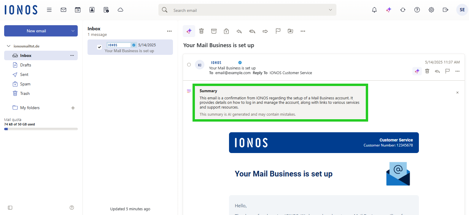 The IONOS Webmail interface with the AI generated email summary highlighted.