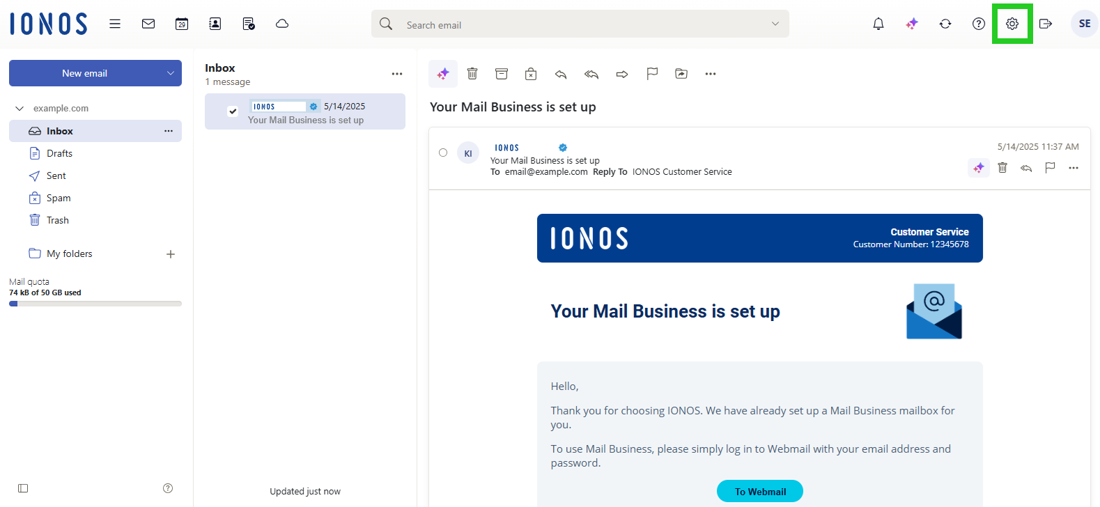 The IONOS Webmail interface with the settings option highlighted.