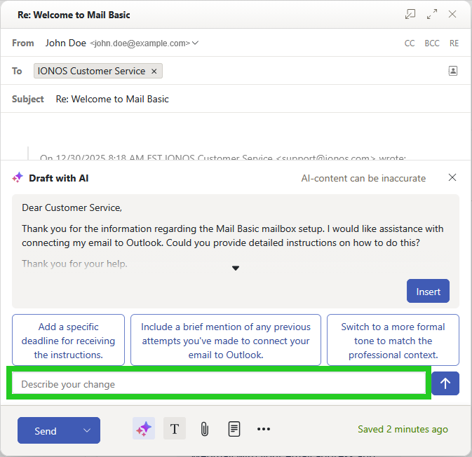 The New email window within the IONOS webmail with the Describe your change input highlighted.