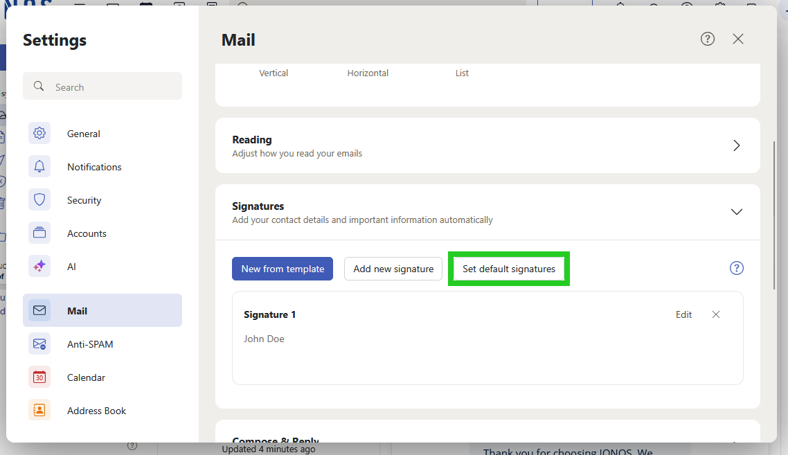 The Set default signatures button is highlighted within the Mail Settings window of IONOS Webmail.