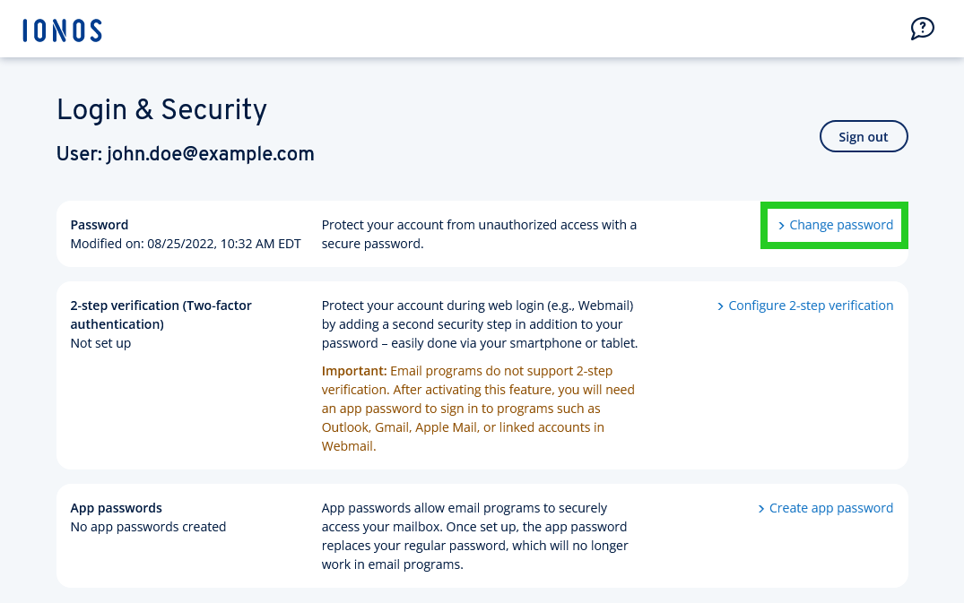 The Login & Security page with the Change password link highlighted.