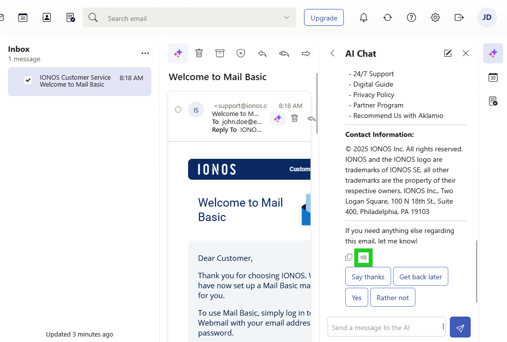The AI Chat within IONOS Webmail with the speaker icon highlighted.