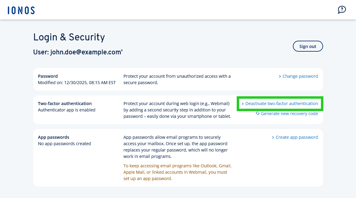 The Deactivate two-factor authentication link is highlighted on the Login & Security page.