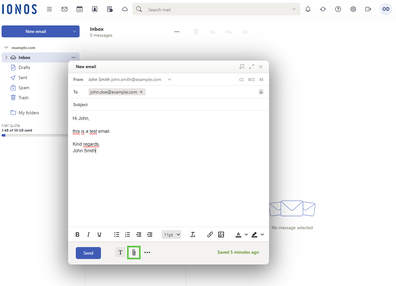 Screenshot: The Webmail New email page with the file attachment paperclip symbol highlighted.