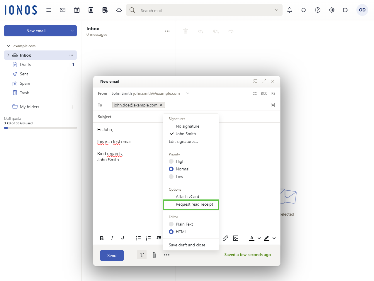Screenshot: The Webmail New email page with the Request read receipt option highlighted.