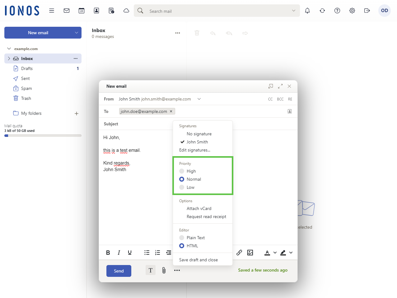 Screenshot: The Webmail New email page with the Priority section highlighted.