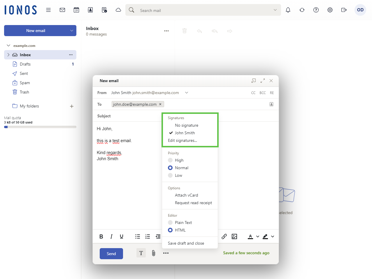 Screenshot: The Webmail New email page with the Signatures section highlighted.
