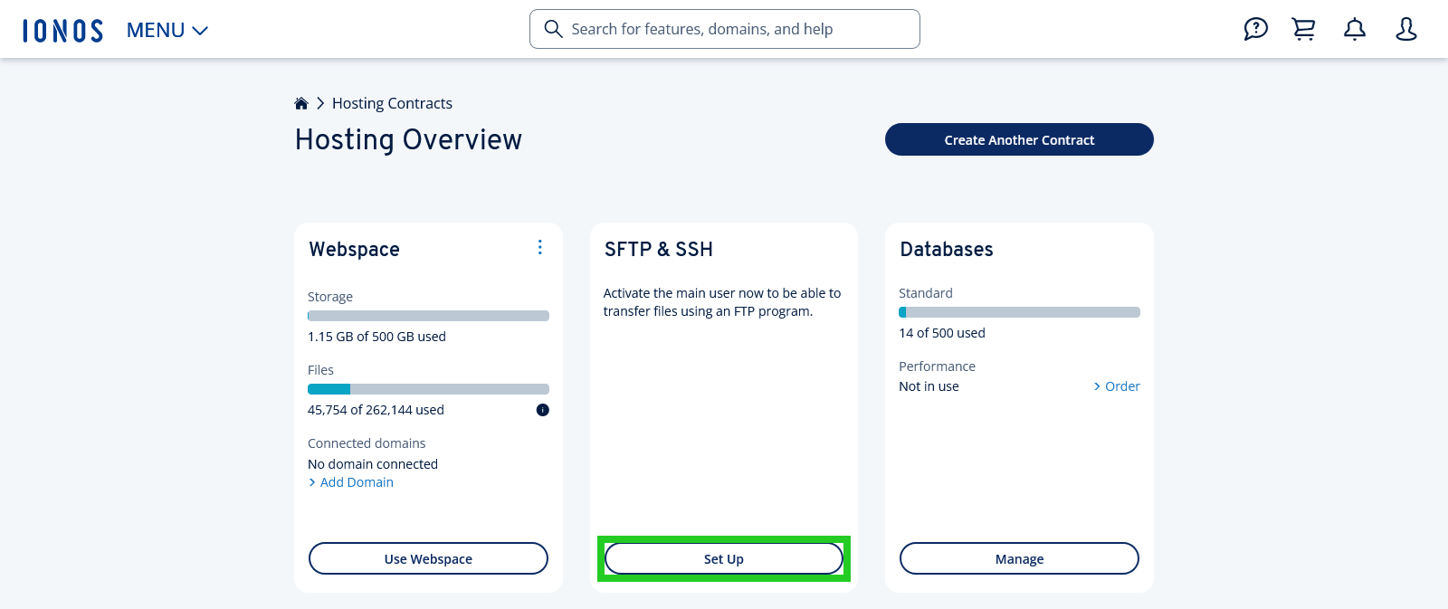 The Hosting Overview page of the IONOS account with the Set Up button for SFTP & SSH highlighted.