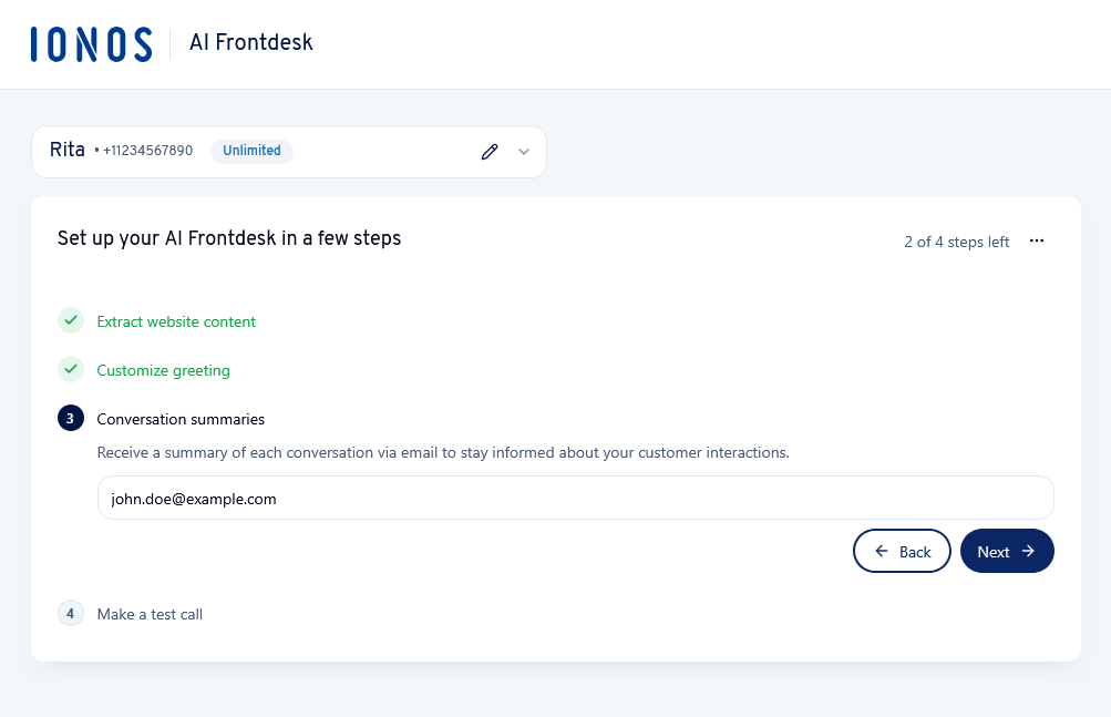 The conversation summaries step of the AI Frontdesk setup.