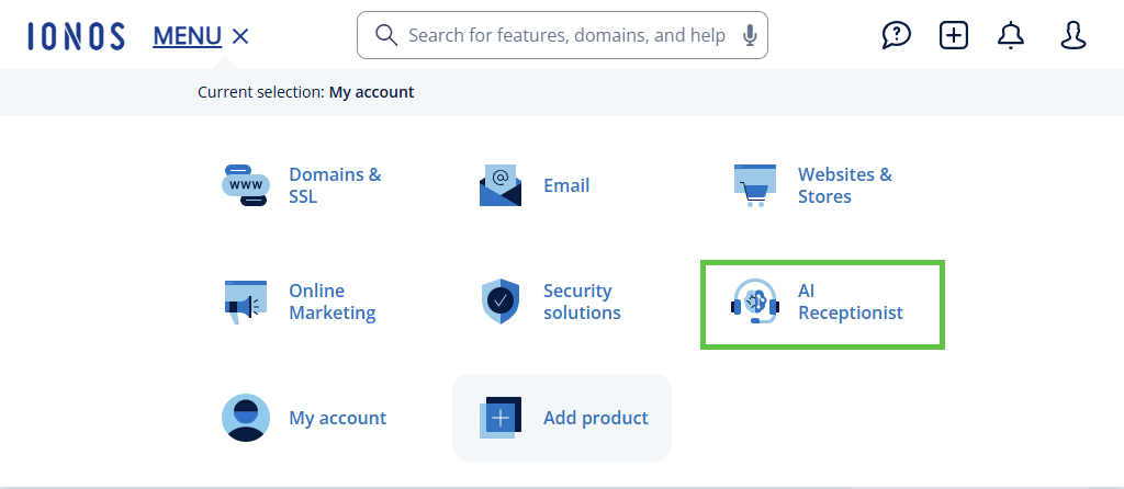 The AI Receptionist tile is highlighted in the IONOS menu.