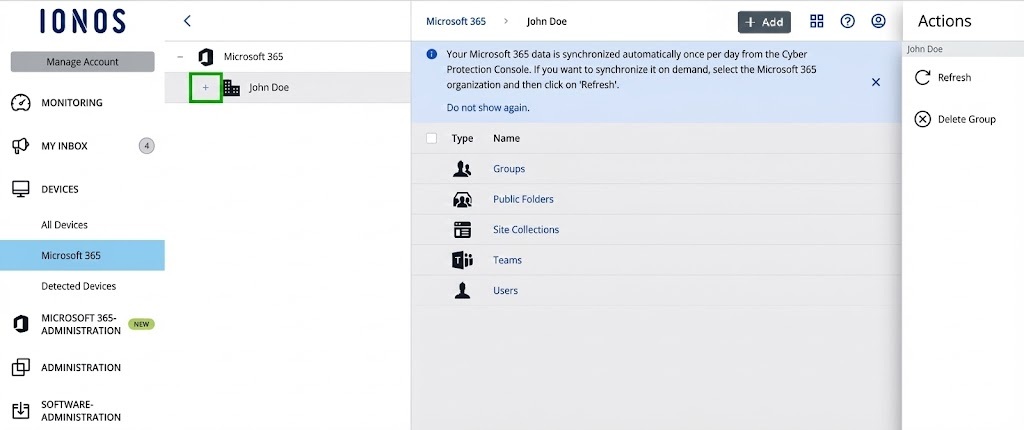 The plus sign is highlighted next to the user in the MyDefender administration.