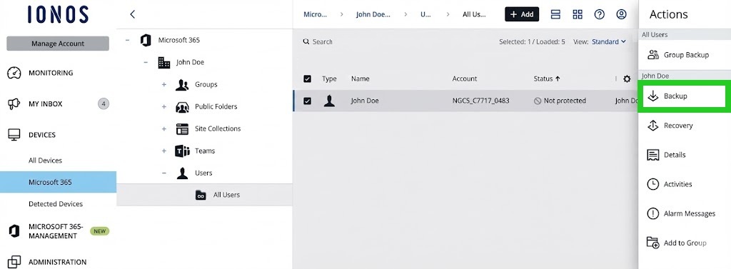 The Backup menu option is highlighted in the MyDefender administration.