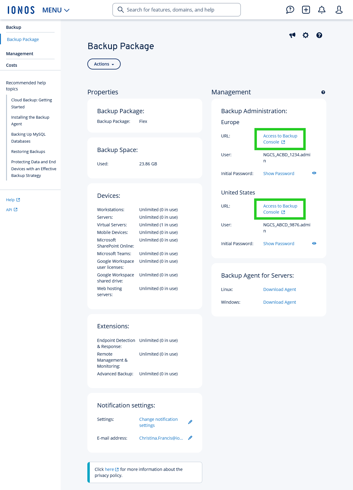 The Access to Backup Console link is highlighted in the Backup Package.