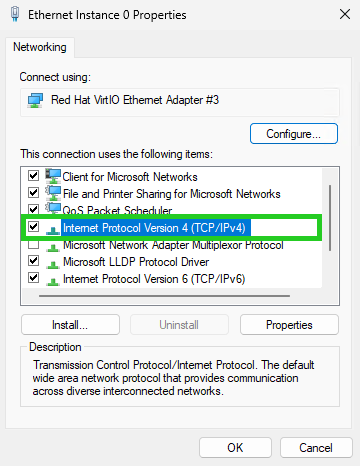 The Ethernet Properties window with Internet Protocol Version 4 (TCP/IPv4) highlighted within the list.