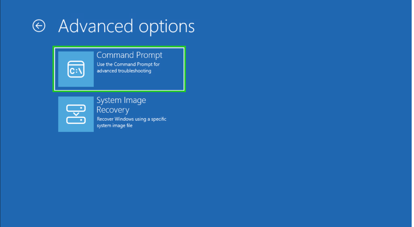 The Advanced options menu with the Command Prompt option highlighted.