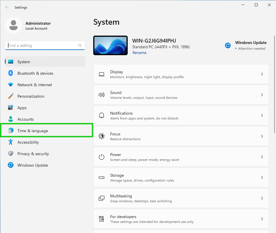 The Windows Server 2025 System settings window with the Time & language menu option highlighted.