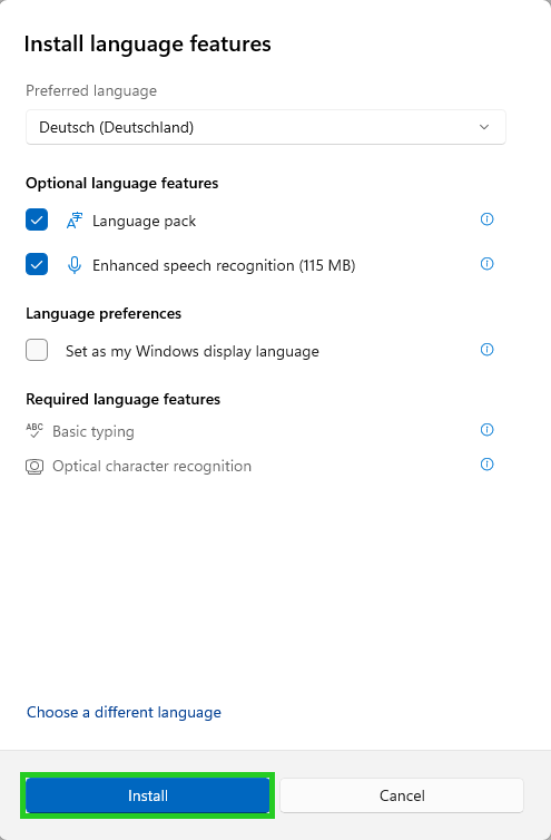 The Windows Server 2025 Install language features window with the Install button highlighted.