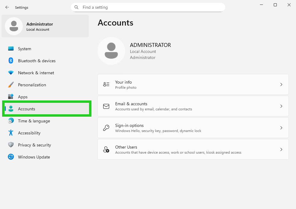 The Accounts window of the Windows Server 2025 Settings application with the Accounts menu option highlighted.