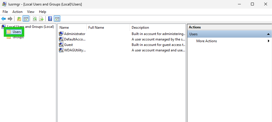 The lusermgr application with the Users folder in the left menu highlighted.