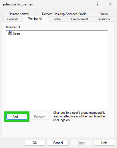 The Properties windows of the selected user is shown with the Add button highlighted within the Member Of tab.