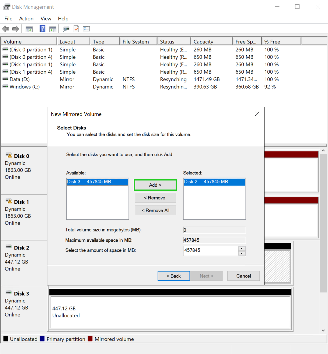 The New Mirrored Volume wizard with the Add button highlighted.