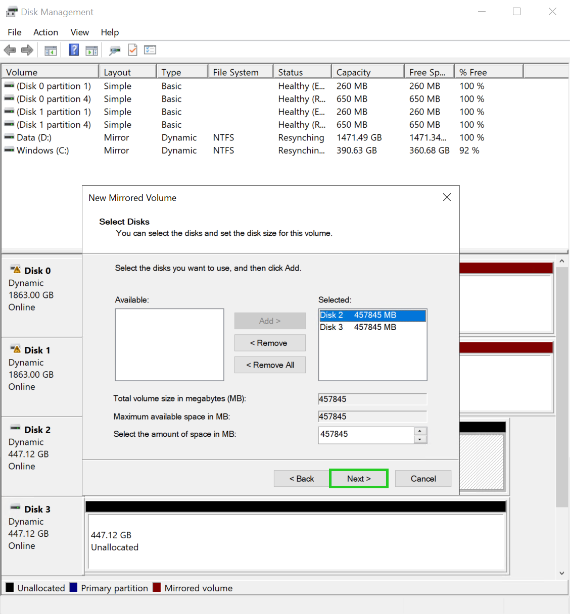 The New Mirrored Volume wizard with the Next button highlighted.