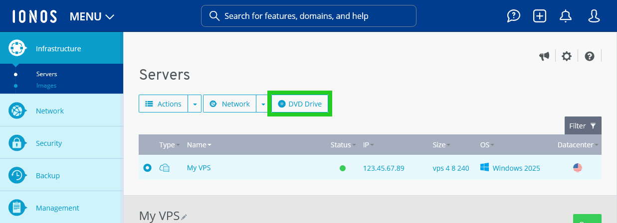 The Cloud Panel with the DVD Drive button highlighted.