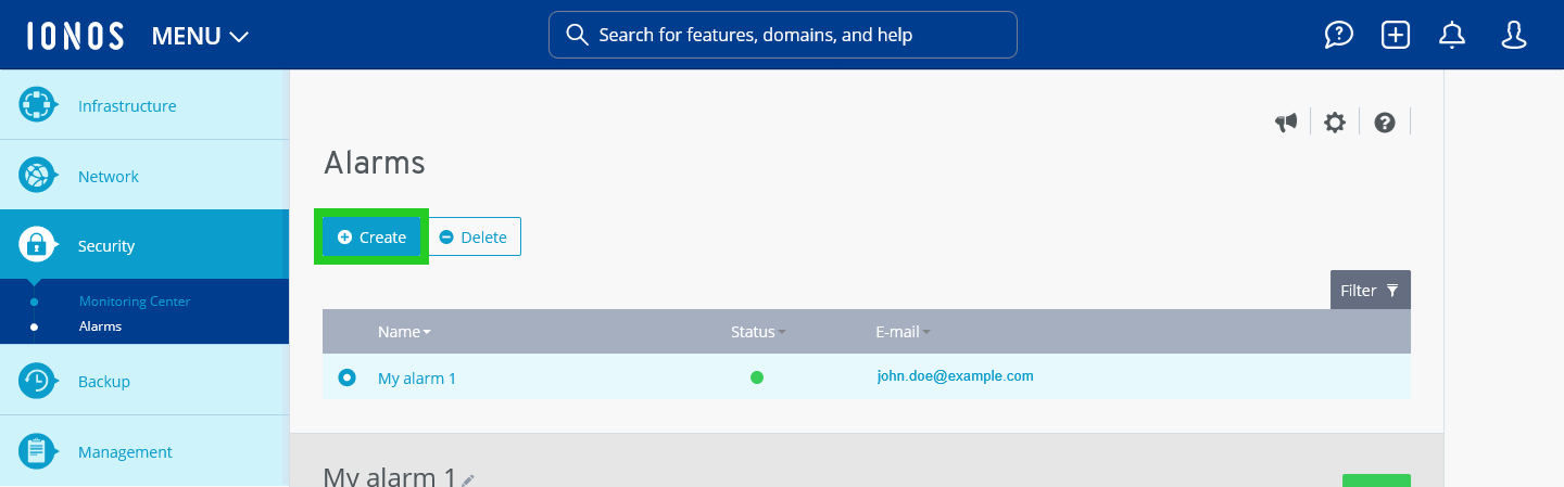 The Alarms sections of the IONOS Cloud Panel with the Create button highlighted.