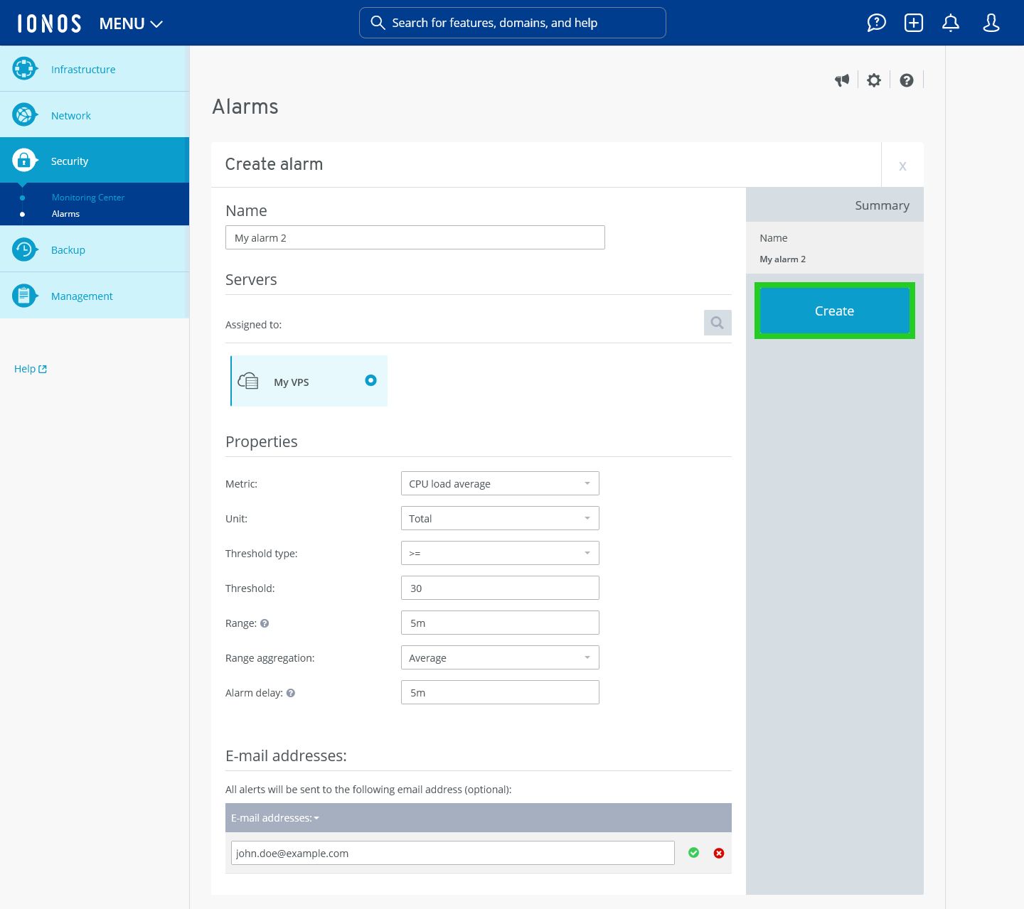 The Create alarm section of the IONOS Cloud Panel with the Create button highlighted.