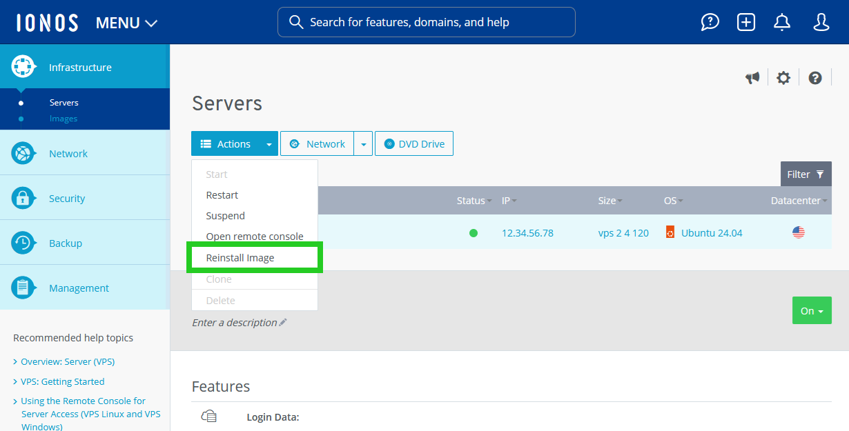 The Servers page of the Cloud Panel with the Reinstall Image menu option highlighted within the Actions menu.