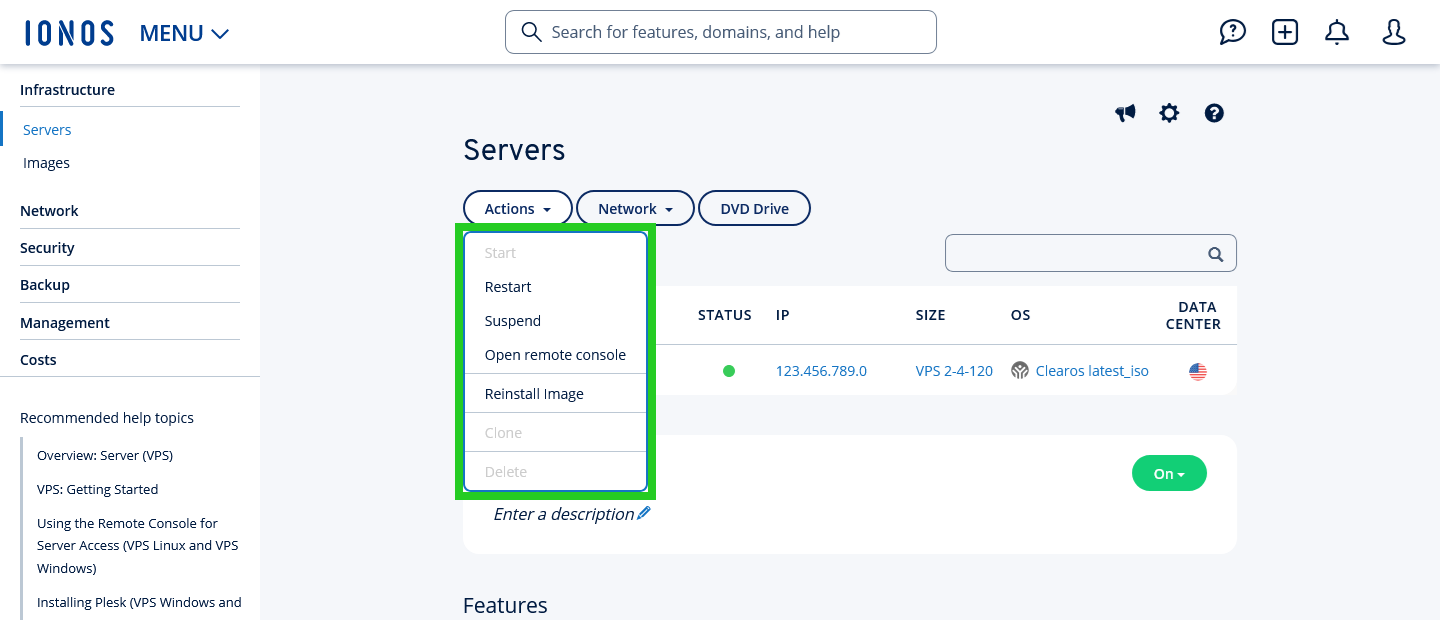 The Actions menu is highlighted in the Servers section of the Cloud Panel.