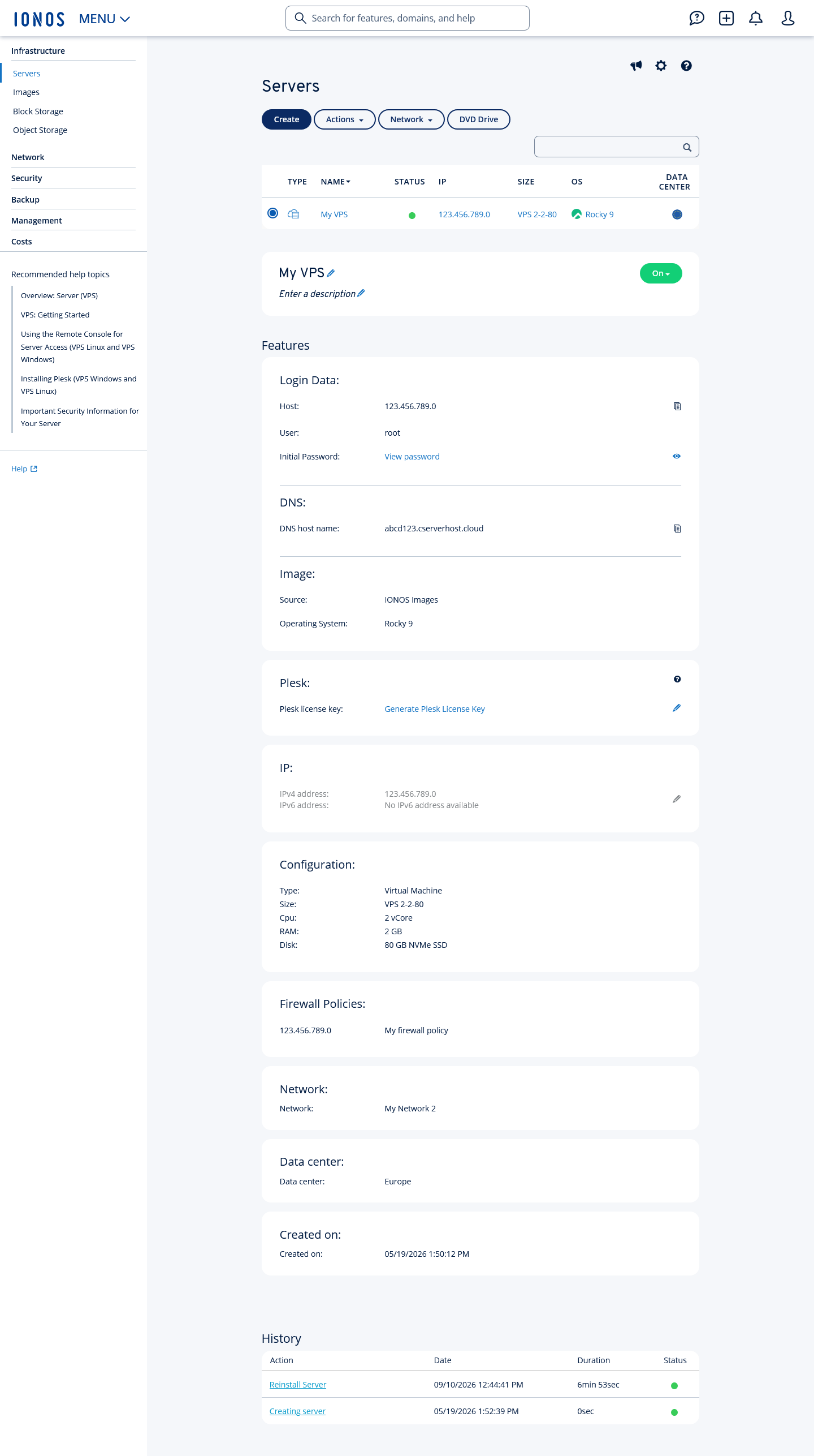 The server details are shown in the Cloud Panel.