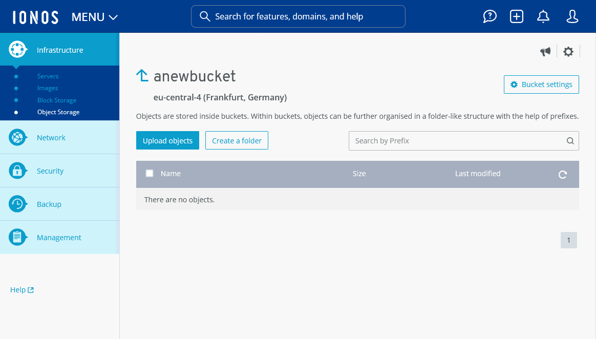 Additional options are provided in the Cloud Panel after creating a bucket.