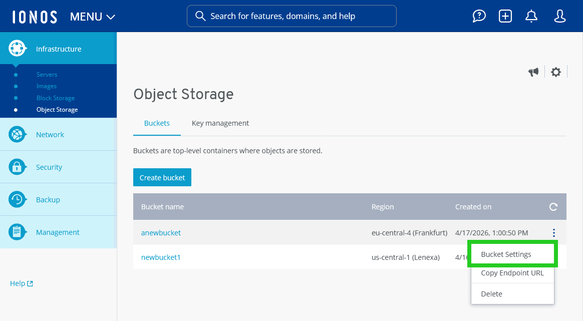 The Bucket Settings menu option is highlighted on the Object Storage page of the Cloud Panel.