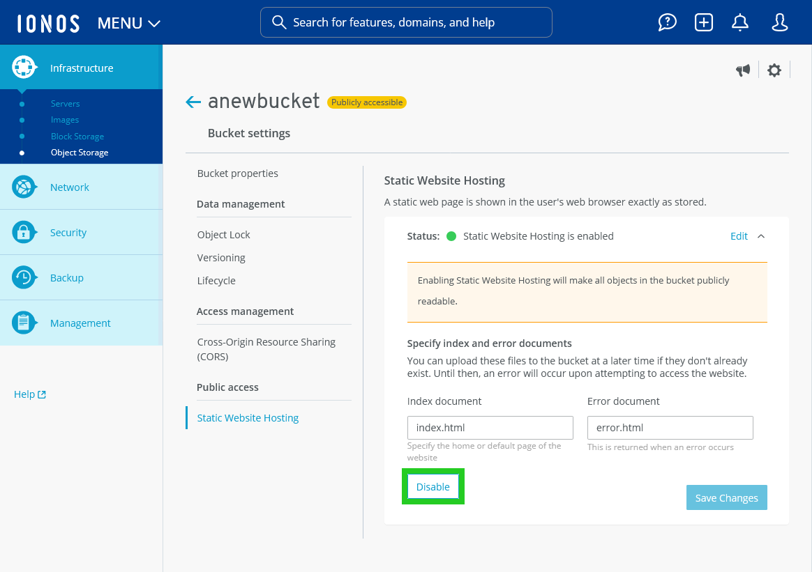 The Disable button is highlighted in the Static Website Hosting settings.