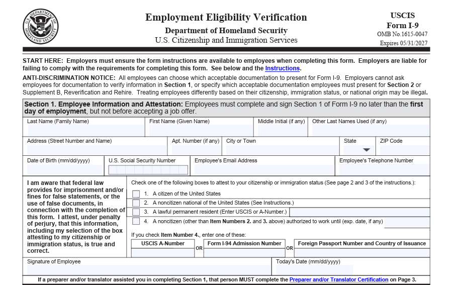 The first part of Form I-9 for verifying employment eligibility Image: The first part of Form I-9 for verifying employment eligibility