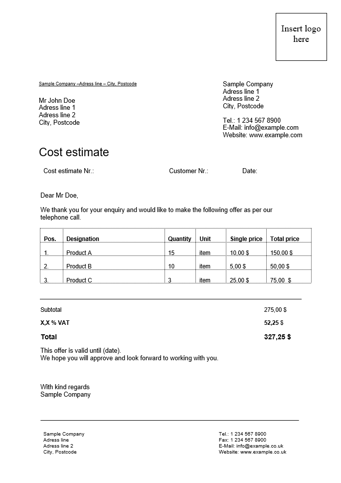 Cost estimate template Word and Excel IONOS CA