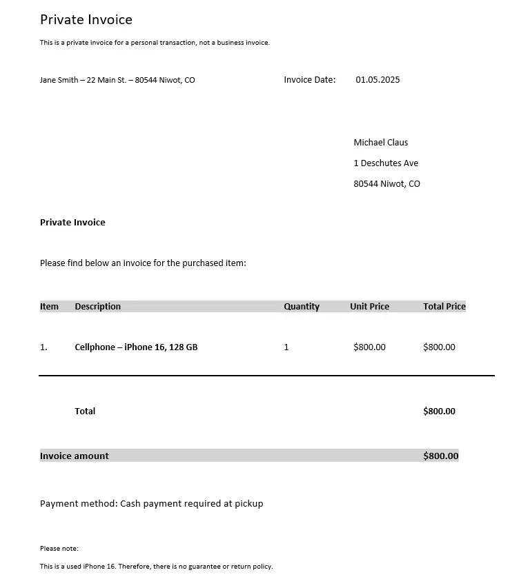 Image: Alt-Text: Template for a private invoice