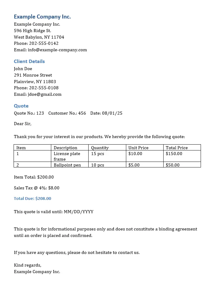 Image: Quotation template example